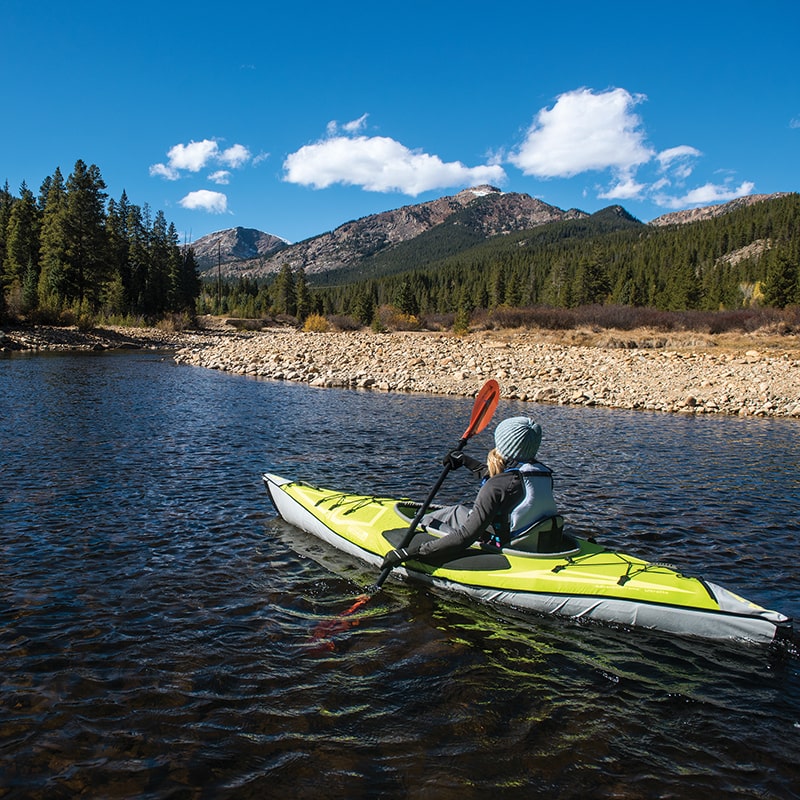 Advanced Elements Advanced Frame Ultralite Inflatable Kayak Side View with Paddle Green