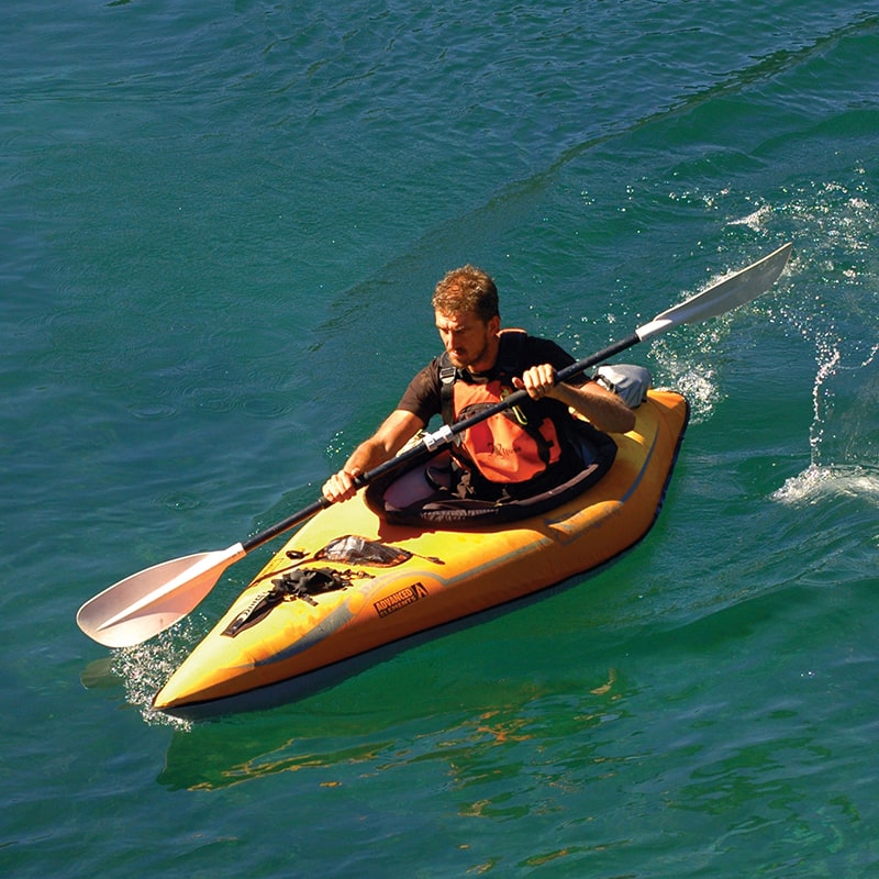 Advanced Elements Lagoon 1 inflatable recreational kayak in water with paddle