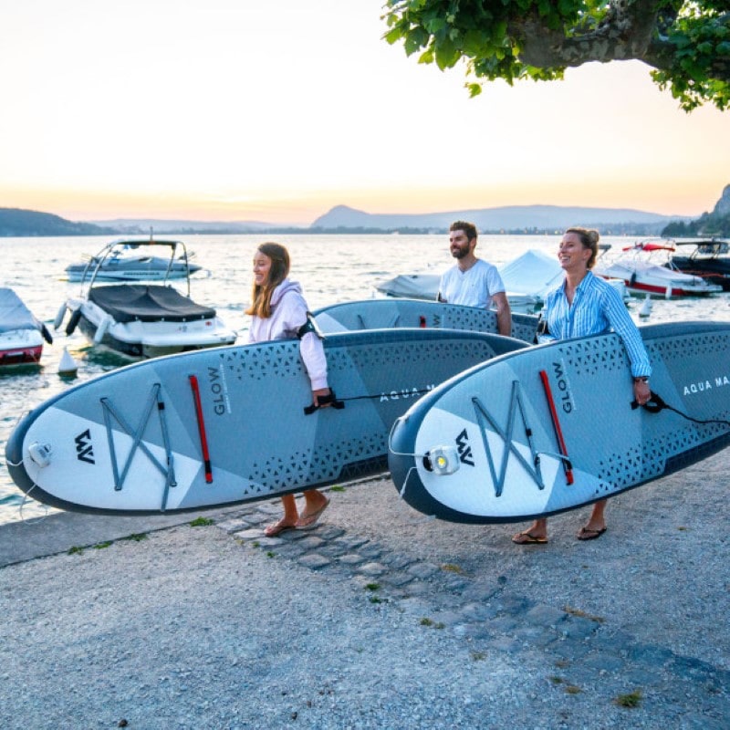 Aqua Marina Glow Series Inflatable Stand Up Paddle Board With Ambient Lighting  Side and Front View\