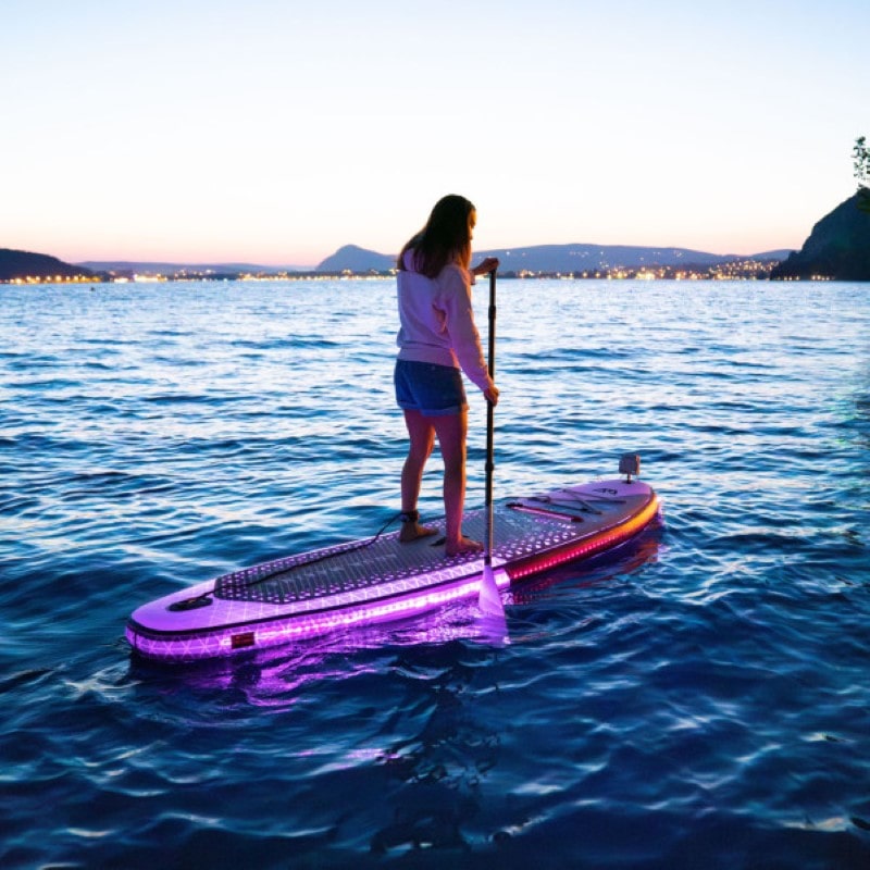 Aqua Marina Glow Series Inflatable Stand Up Paddle Board With Ambient Lighting With Paddle On Water