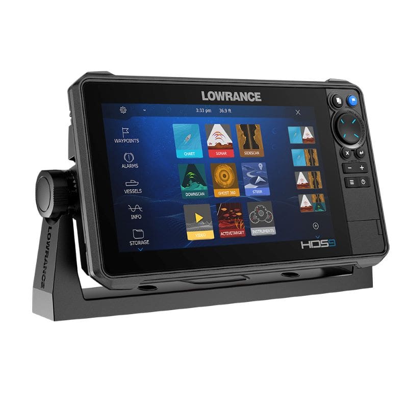 LowranceHDSPRO9-withPreloadedC-MAPDISCOVEROnBoardActiveImagingHDTransducerLeftView_